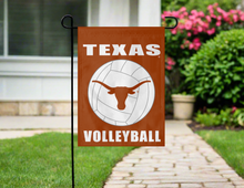 Load image into Gallery viewer, texas longhorns volleyball garden flag hanging on a garden flag stand outside
