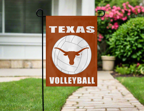 texas longhorns volleyball garden flag hanging on a garden flag stand outside