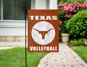texas longhorns volleyball garden flag hanging on a garden flag stand outside