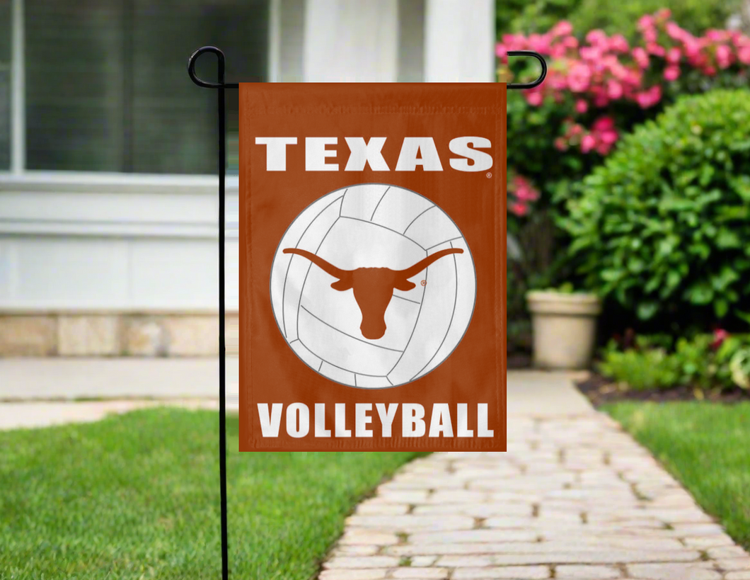texas longhorns volleyball garden flag hanging on a garden flag stand outside