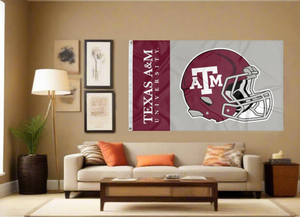 3x5 Texas A&M University Football Flag with two metal grommets covering tan wall of well lit room