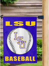 Load image into Gallery viewer, purple LSU Baseball Garden Flag hung on mailbox flag pole
