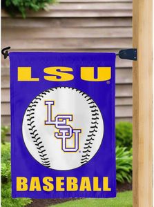 purple LSU Baseball Garden Flag hung on mailbox flag pole