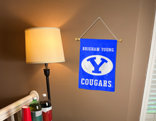 Load image into Gallery viewer, Royal blue BYU Cougars garden hung on banner pole for man cave decor
