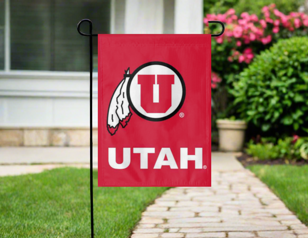 red university of utah garden flag hung outside from garden flag stand