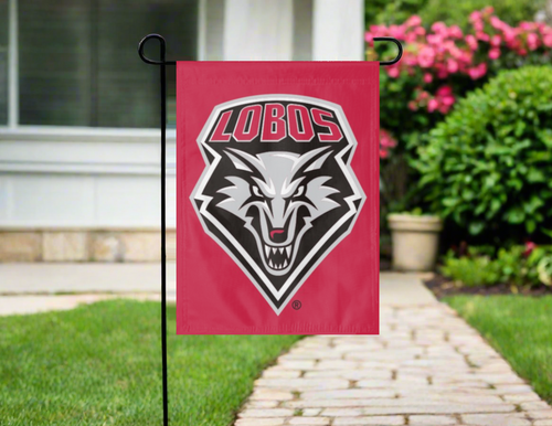 red university of new mexico garden flag hung outside from garden flag stand
