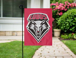 red university of new mexico garden flag hung outside from garden flag stand