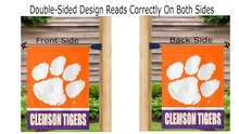 Load image into Gallery viewer, Clemson Tigers Garden Flag hung from mailbox flagpole displayed from both sides

