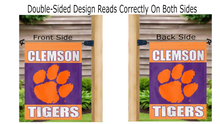 Load image into Gallery viewer, Clemson University Garden Flag with Purple and Orange Clemson Tigers Logo hung from mailbox flagpole displayed from both sides
