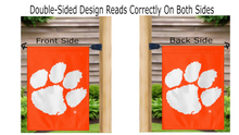 Load image into Gallery viewer, 13x18 Clemson Garden Flag with Clemson Paw Logo

