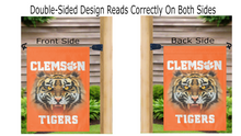 Load image into Gallery viewer, orange Clemson University Garden Flag with Realistic Tiger eyes Logo hung from mailbox flagpole displayed from both sides
