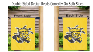 gold wichita state university garden flag hanging on mailbox flagpole displayed from both sides