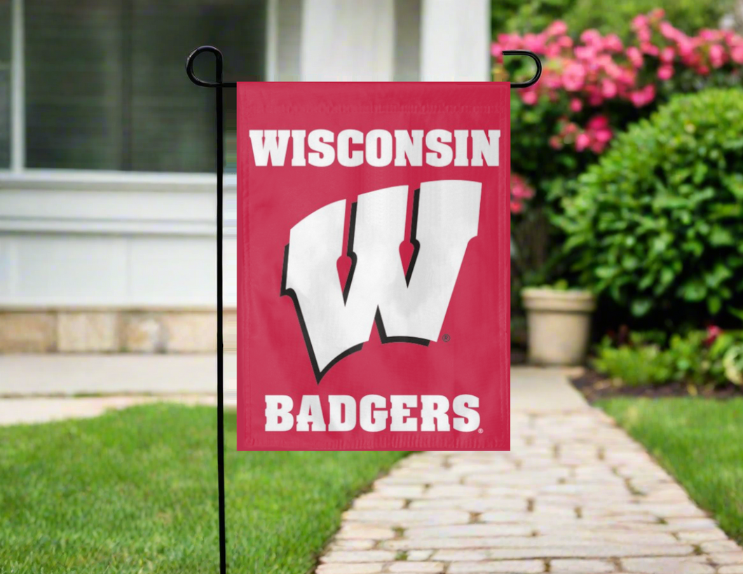 red university of wisconsin garden flag hung outside from garden flag stand