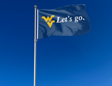 Load image into Gallery viewer, 3x5 West Virginia University Flag with Let&#39;s Go Logo
