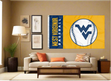 Load image into Gallery viewer, Gold and Blue 3x5 West Virginia Baseball Flag with two metal grommets covering tan wall of well lit room
