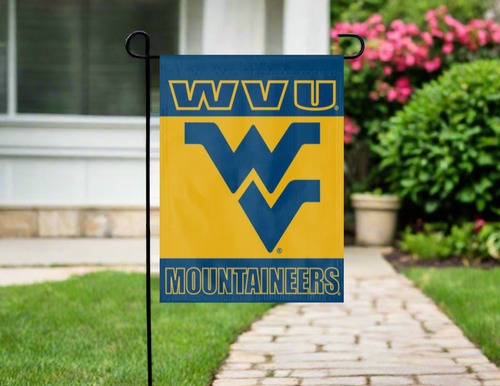 three panel blue and gold west virginia garden flag hung outside from garden flag stand