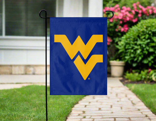 blue west virginia university garden flag hung outside from garden flag stand