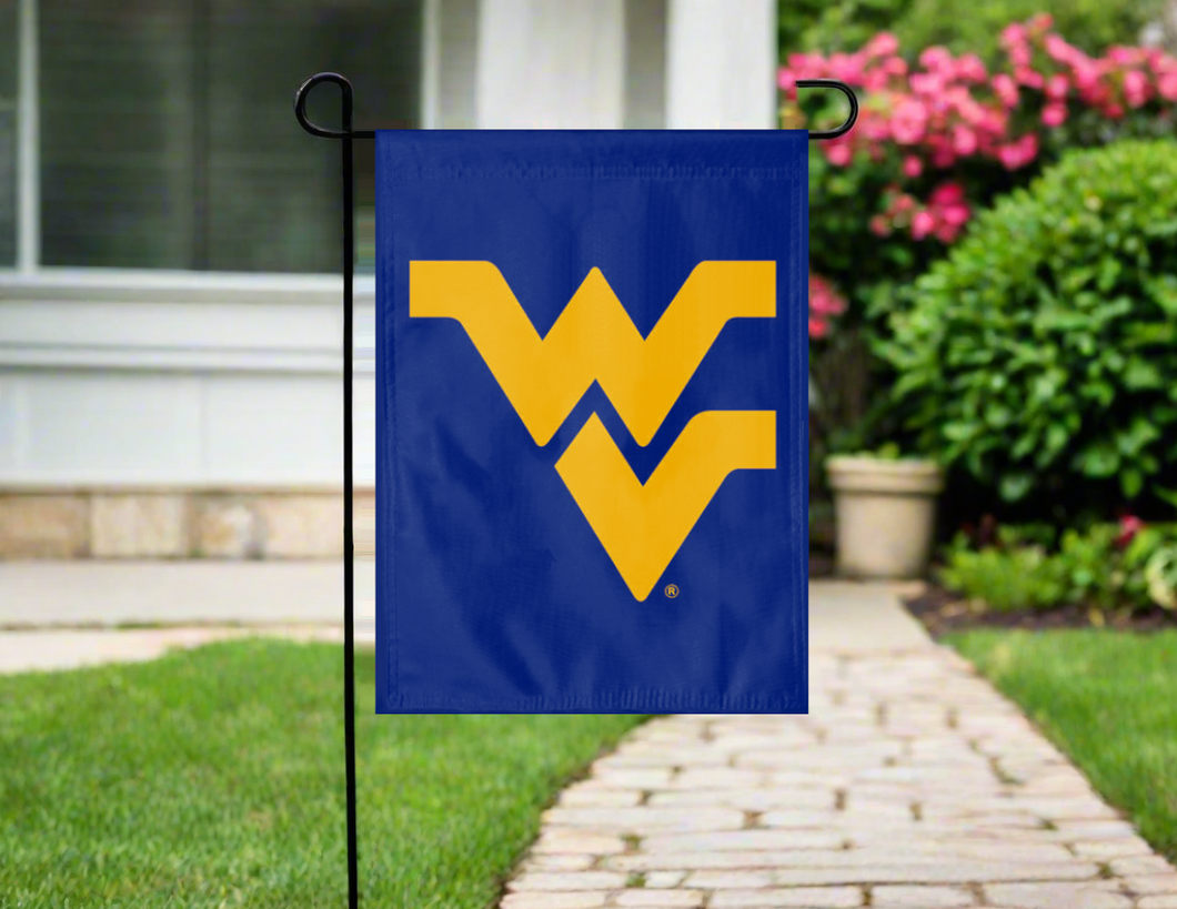 blue west virginia university garden flag hung outside from garden flag stand