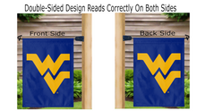 Load image into Gallery viewer, blue west virginia university garden flag hanging on mailbox flagpole displayed from both sides
