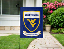 Load image into Gallery viewer, west virginia garden flag with shield and let&#39;s go mountaineers logo hanging on garden flag stand
