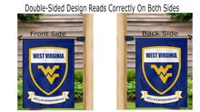 Load image into Gallery viewer, west virginia garden flag with shield and let&#39;s go mountaineers logo displayed on both sides from mailbox flagpole
