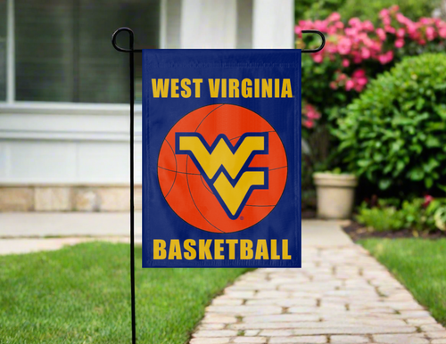 west virginia basketball garden flag hung outside on a garden flag stand