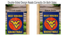 Load image into Gallery viewer, two sides of west virginia basketball garden flag reading correctly on a mailbox flagpole
