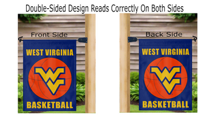 two sides of west virginia basketball garden flag reading correctly on a mailbox flagpole