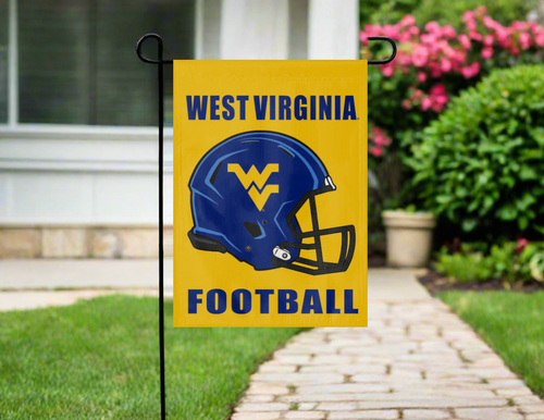 west virginia football garden flag hanging on a garden flag stand outside