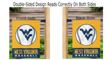 Load image into Gallery viewer, gold and blue west virginia baseball garden flag hanging on mailbox flagpole displayed from both sides
