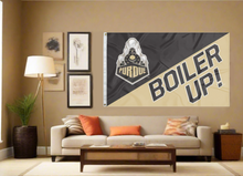 Load image into Gallery viewer, 3x5 House Divided Flag Style Purdue Flag with Purdue Train and Boiler Up Logos
