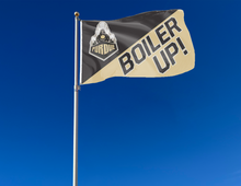 Load image into Gallery viewer, 3x5 House Divided Flag Style Purdue Flag with Purdue Train and Boiler Up Logos
