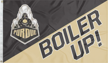 Load image into Gallery viewer, 3x5 House Divided Flag Style Purdue Flag with Purdue Train and Boiler Up Logos
