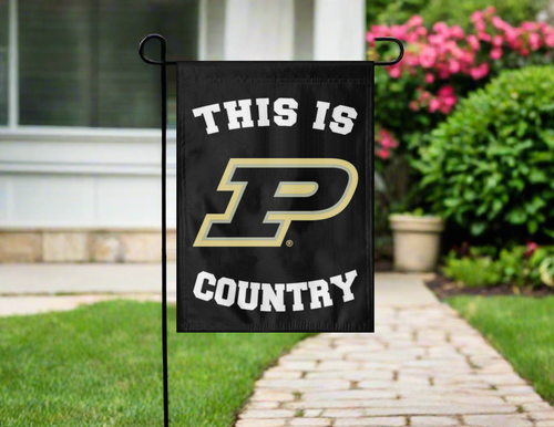 purdue garden flag with this is P country logo hanging on garden flag stand outside