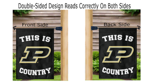 two sides of a purdue garden flag with country logo reading correctly on a mailbox flagpole
