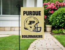 Load image into Gallery viewer, purdue football garden flag hung outside on garden flag stand
