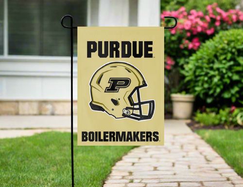 purdue football garden flag hung outside on garden flag stand