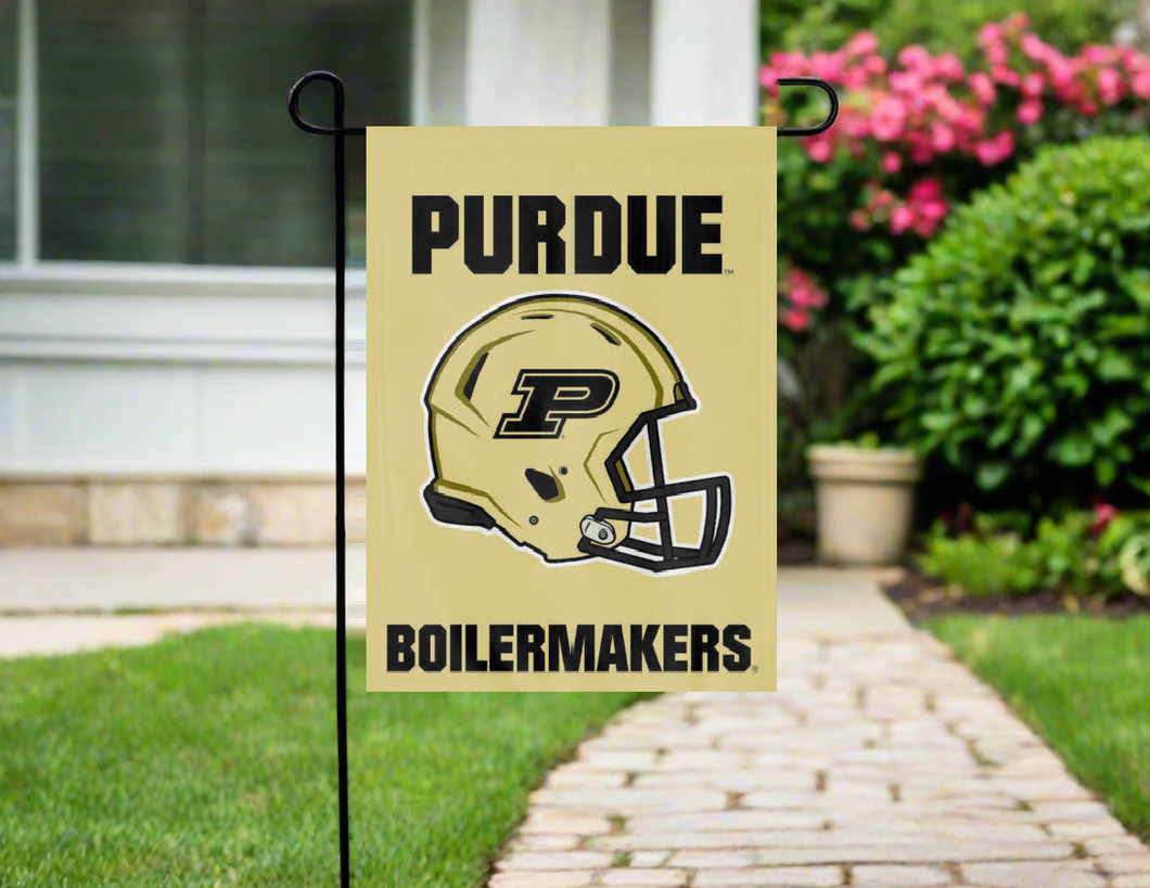 purdue football garden flag hung outside on garden flag stand