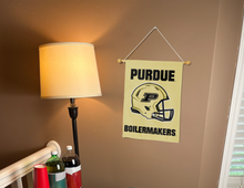 Load image into Gallery viewer, purdue football garden flag hung on banner pole next to lamp and drinks
