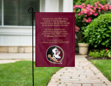 Load image into Gallery viewer, fsu garden flag with fight song logo hanging on garden flag stand outside
