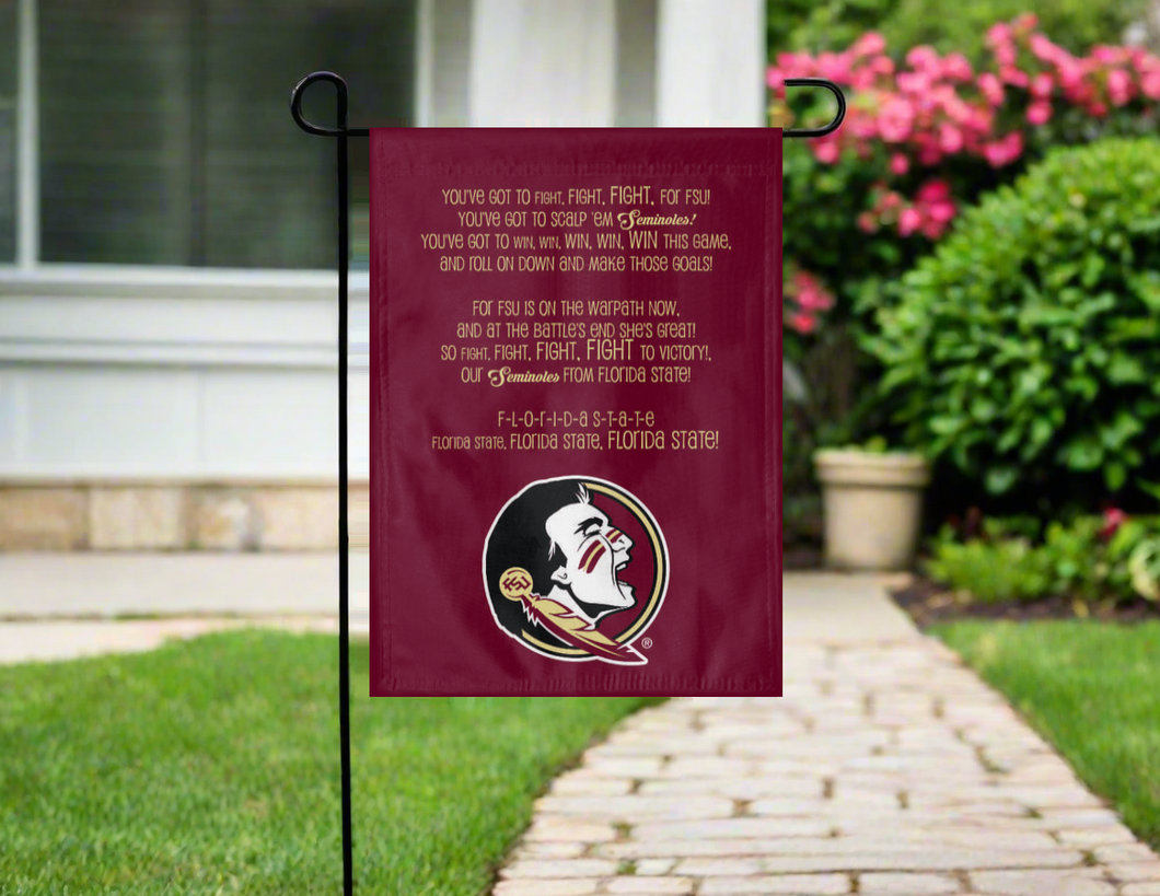 fsu garden flag with fight song logo hanging on garden flag stand outside