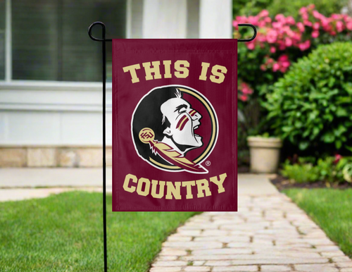 fsu garden flag with this is country logo hung outside on garden flag stand