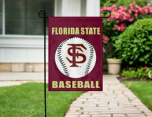 Load image into Gallery viewer, fsu baseball garden flag hung outside on garden flag stand
