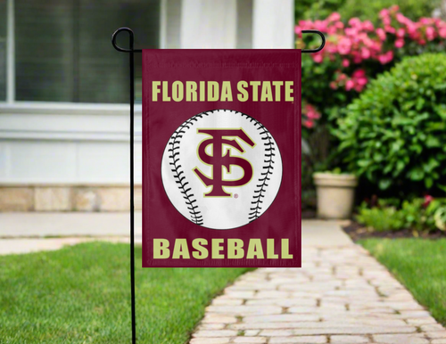 fsu baseball garden flag hung outside on garden flag stand