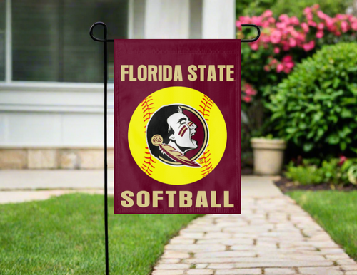 florida state fsu softball garden flag hung on garden flag stand outside