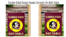 Load image into Gallery viewer, florida state fsu softball garden flag displayed on both sides from a mailbox flagpole
