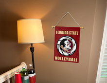 Load image into Gallery viewer, florida state volleyball garden flag hanging on banner pole next to lamp and drinks
