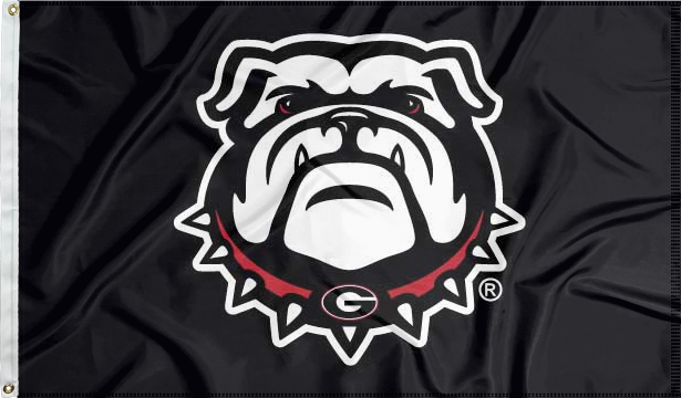 Black 3x5 foot wide university of georgia flag with bulldogs logo and two metal grommets
