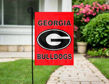 Load image into Gallery viewer, university of georgia bulldogs garden flag hanging outside the front yard
