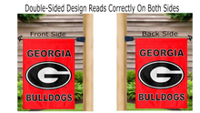Load image into Gallery viewer, georgia bulldogs garden flag with logo reading correctly from both sides on mailbox flagpole
